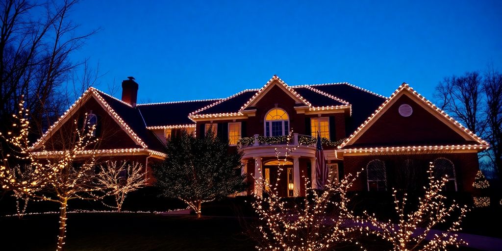 Festive lights on Ladue home at dusk.