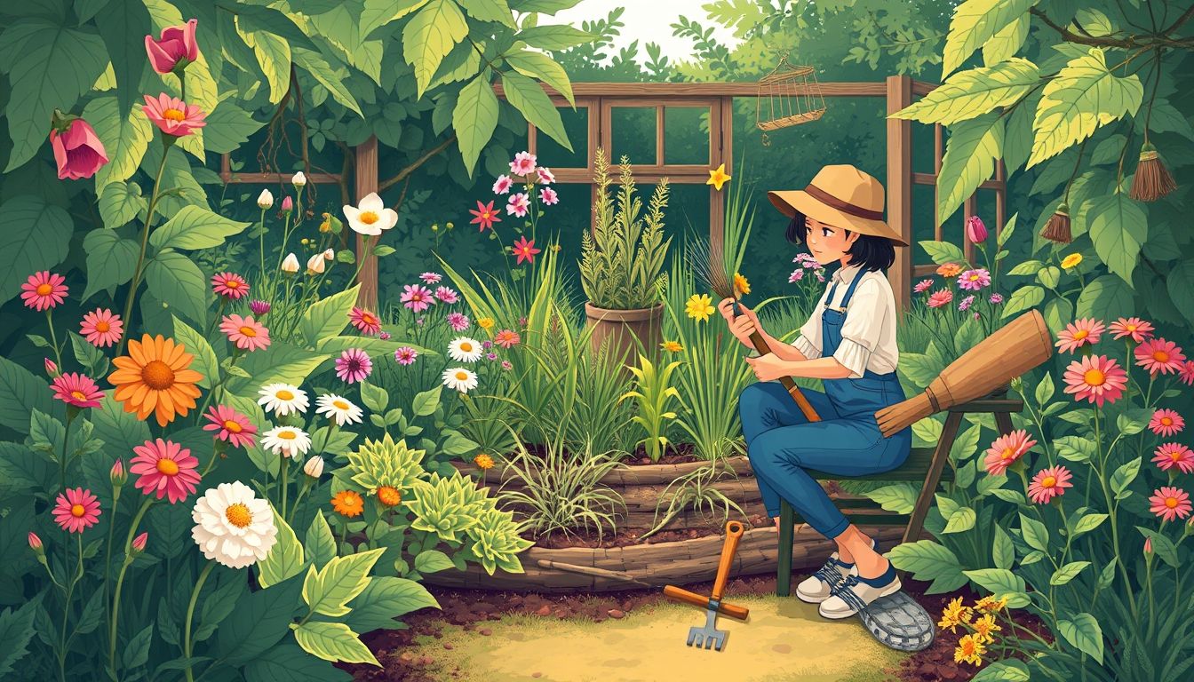 Gardener working in a lush garden