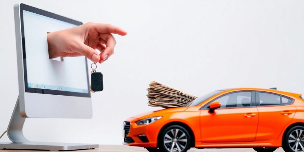 Car, keys, money, computer, online, loan.