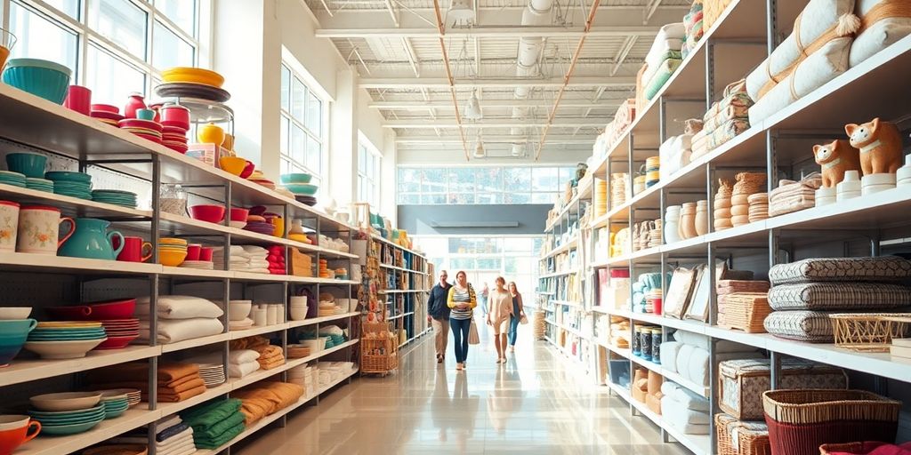 Brightly lit home goods store interior.