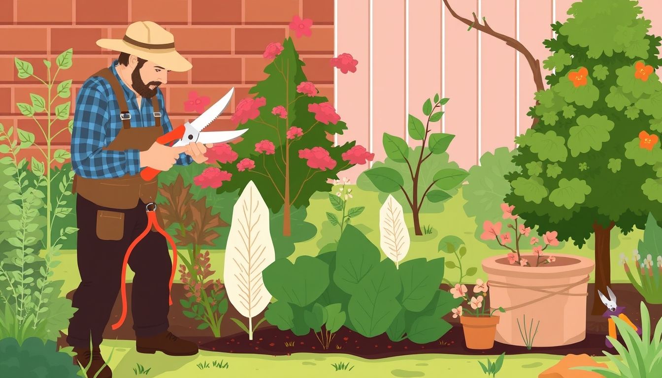 Gardener pruning plants and trees with various tools