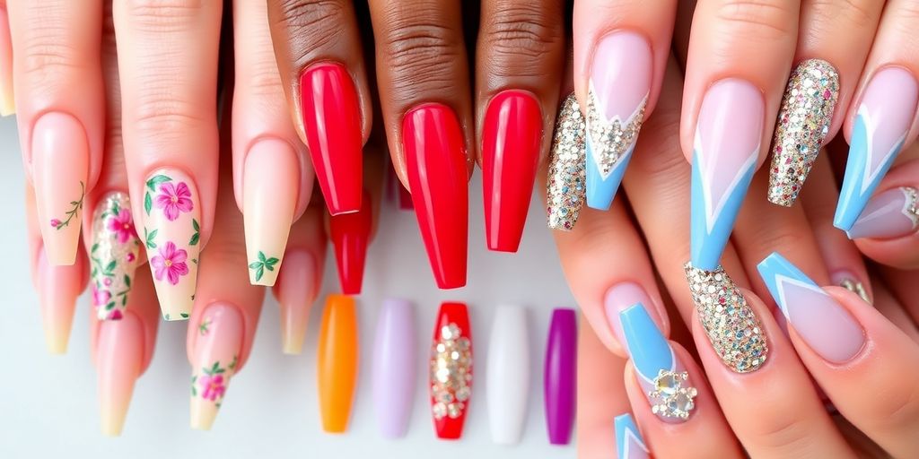 Colorful nail extensions in various trendy designs.