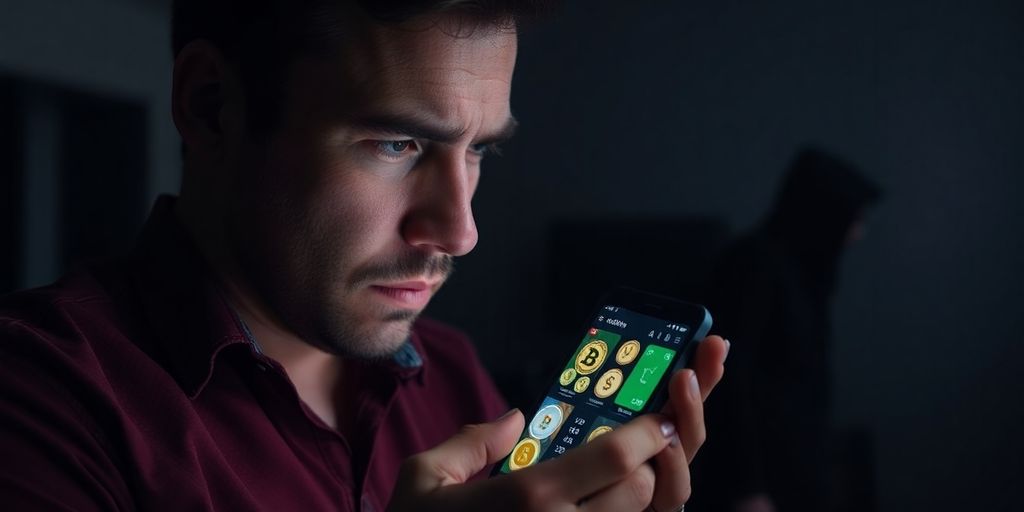 A worried person looking at a smartphone about crypto scams.