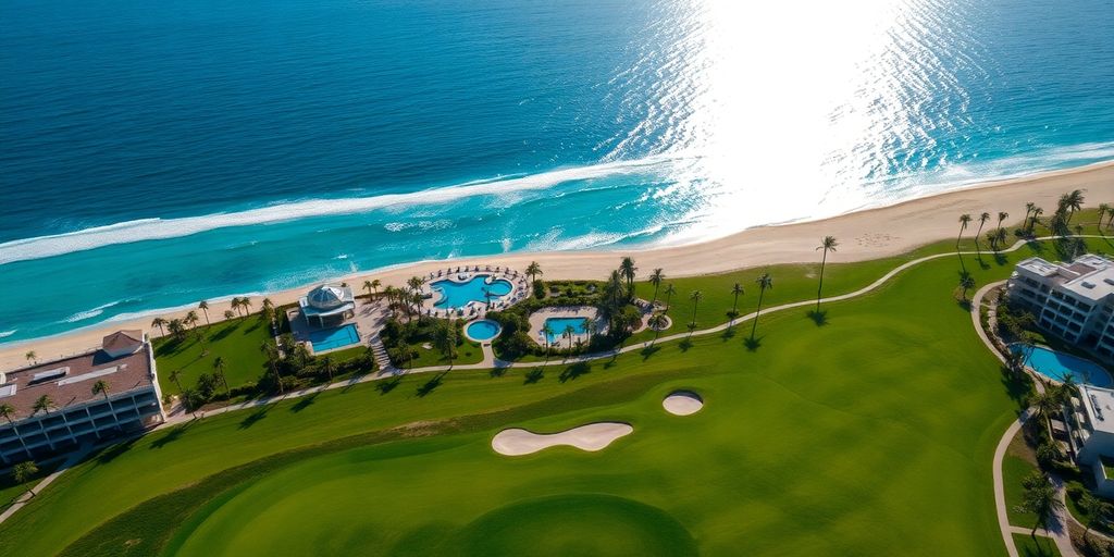 Golf course next to beach, spa, and resort pools.