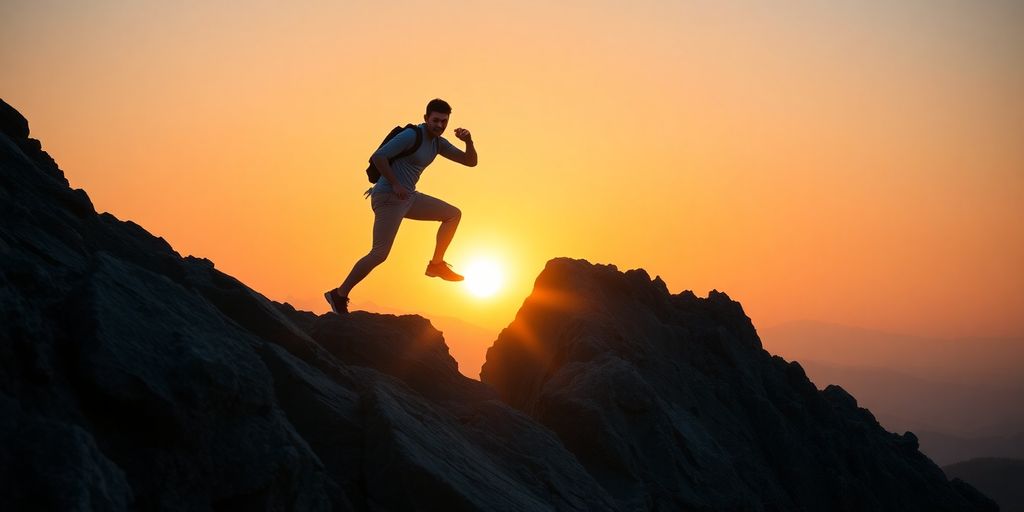 Person climbing mountain at sunrise, symbolizing resilience and growth.