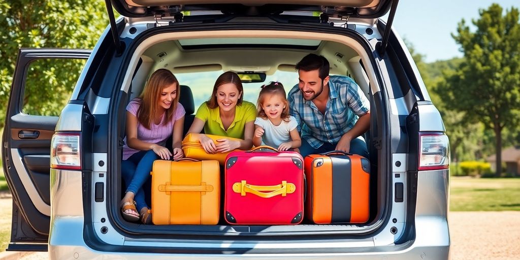 Family loads luggage into 7-seater car.
