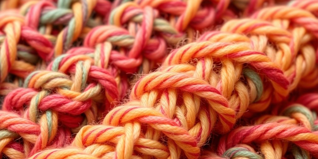 Close-up of vibrant variegated yarn in crochet project.