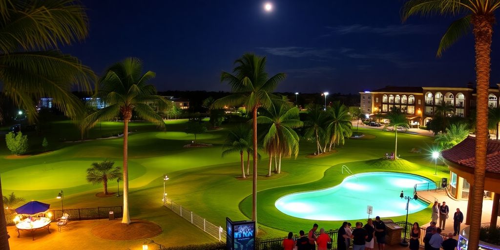 PGA Resort nightlife with illuminated golf courses and lounges.