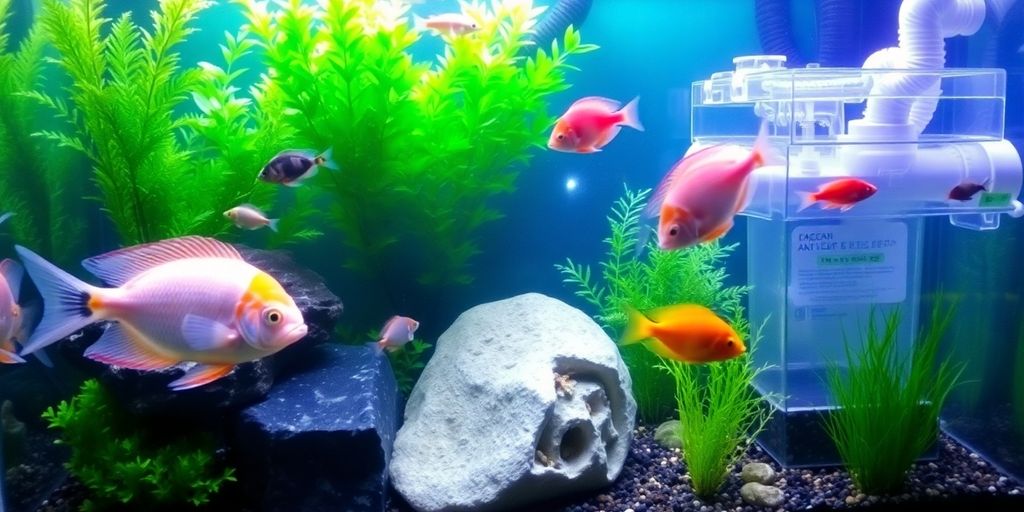 Tanque de peces de agua dulce con un sistema de filtración claro.