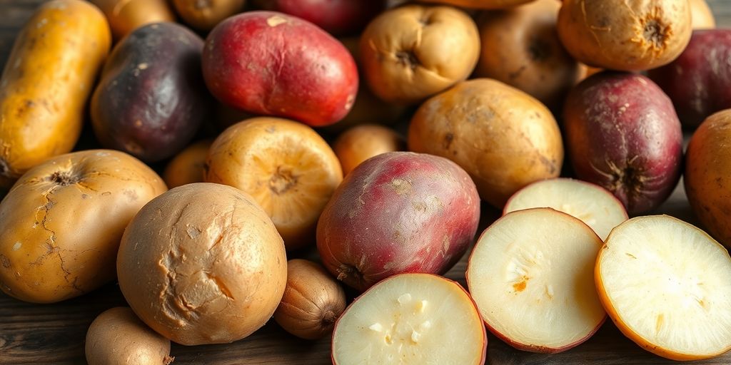 Diverse aardappelen op houten tafel