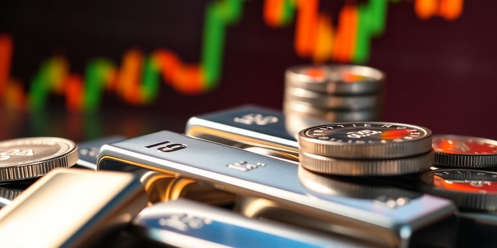 Lingots d'argent et pièces sur fond flouté de taux d'intérêt.