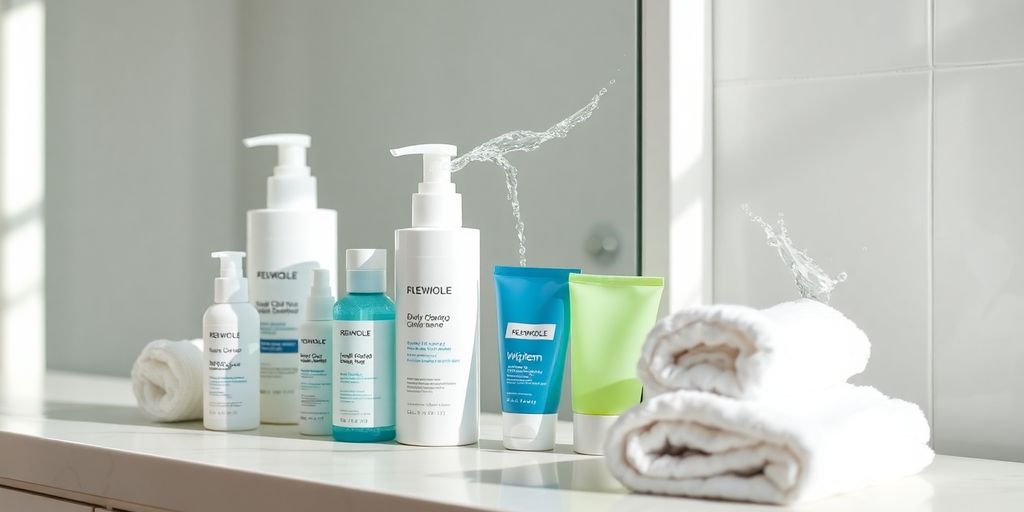 Assortment of skin cleansing products on a bathroom counter.