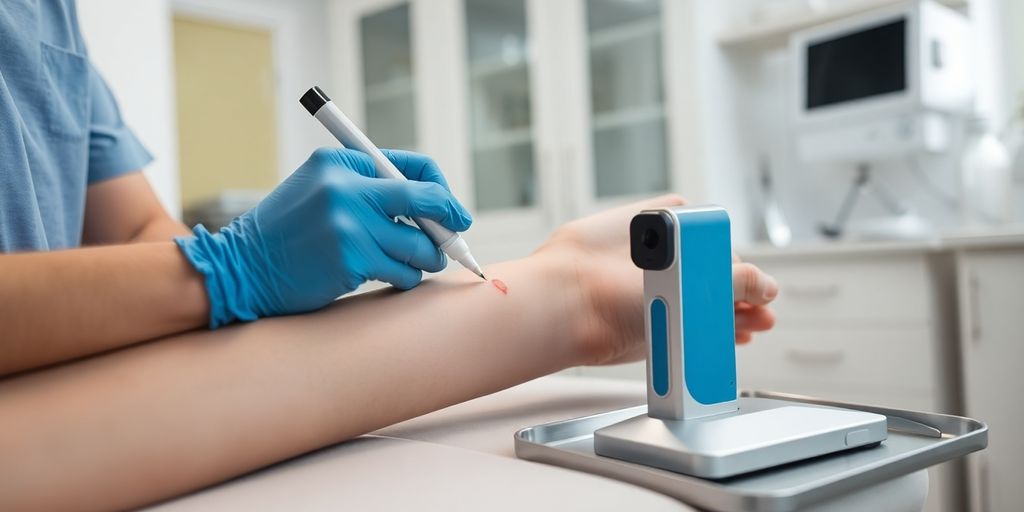 A clinician marking a small skin patch on patient’s forearm