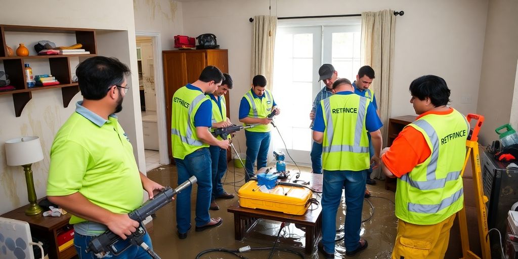 Restoration team working in a flooded residential area.