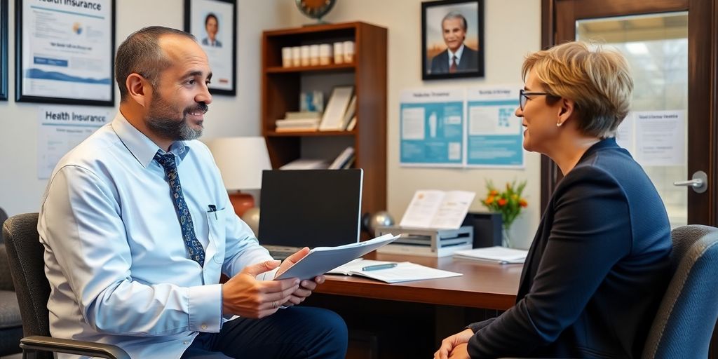 Insurance broker consulting with client on health insurance options.