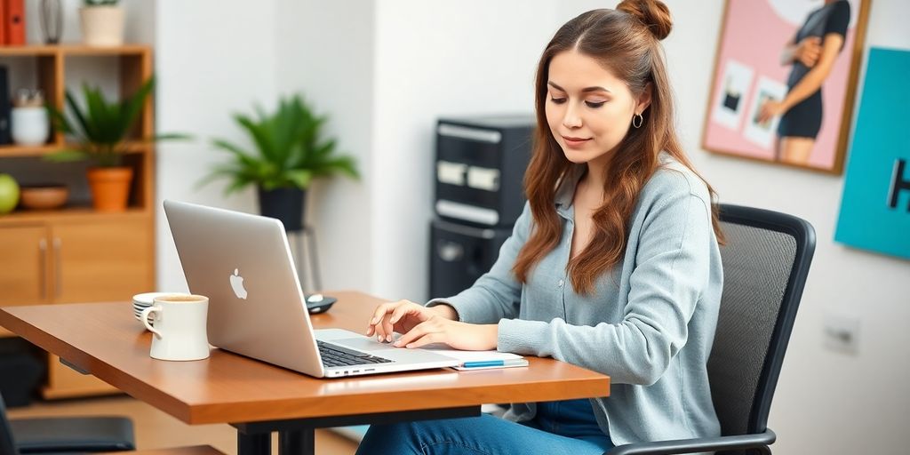 A blogger working at a desk with a laptop and coffee.