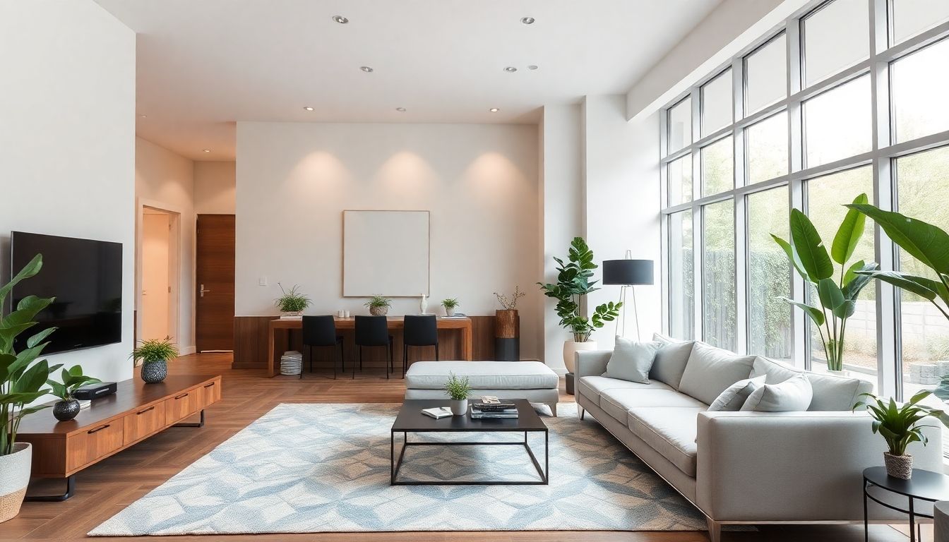 Modern living room with sleek furniture and large windows.