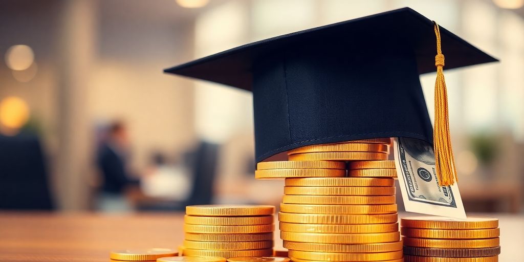 Graduation cap on stacked coins.
