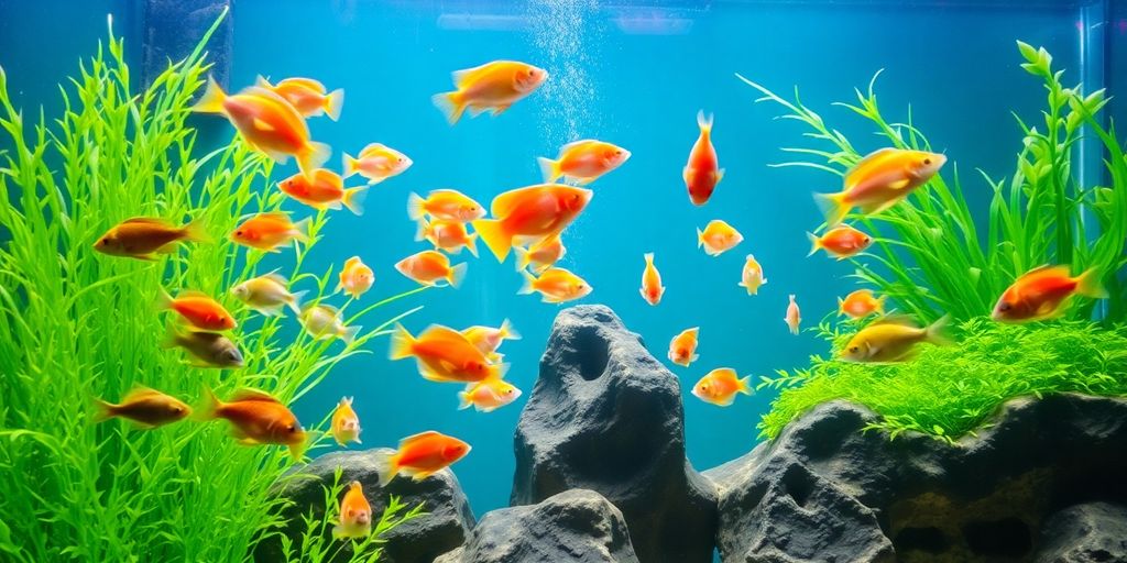 Peces coloridos nadando en un entorno de acuario exuberante.