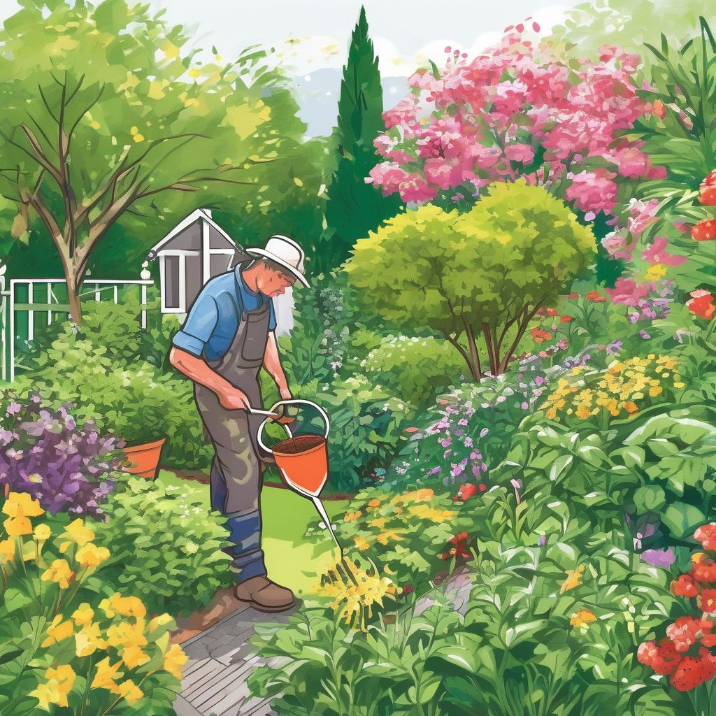 gardener applying fertilizer to plants in a lush garden
