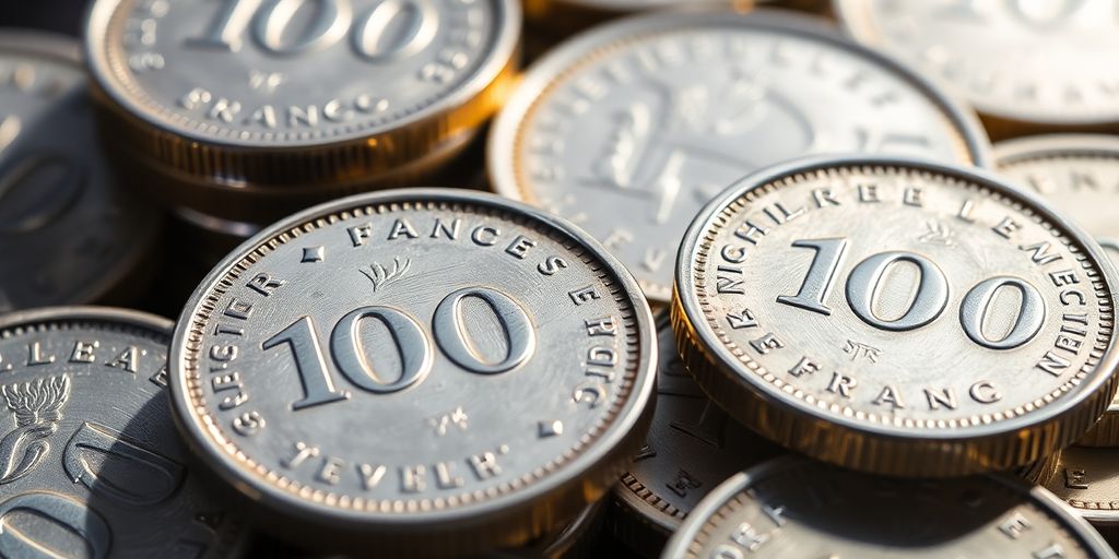 Pièces de 100 francs Hercule en argent empilées.