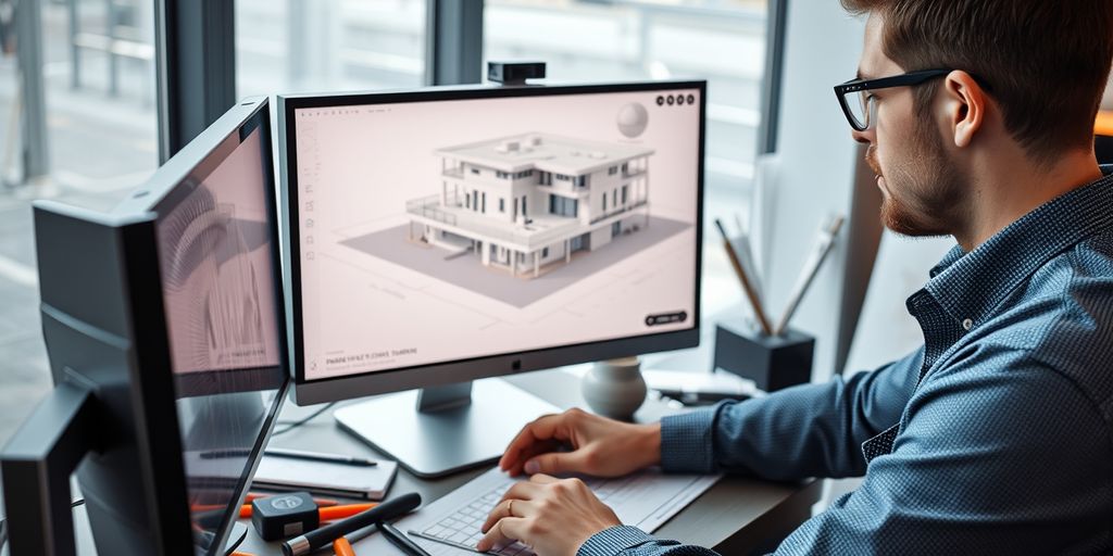 Architect working on 3D building model