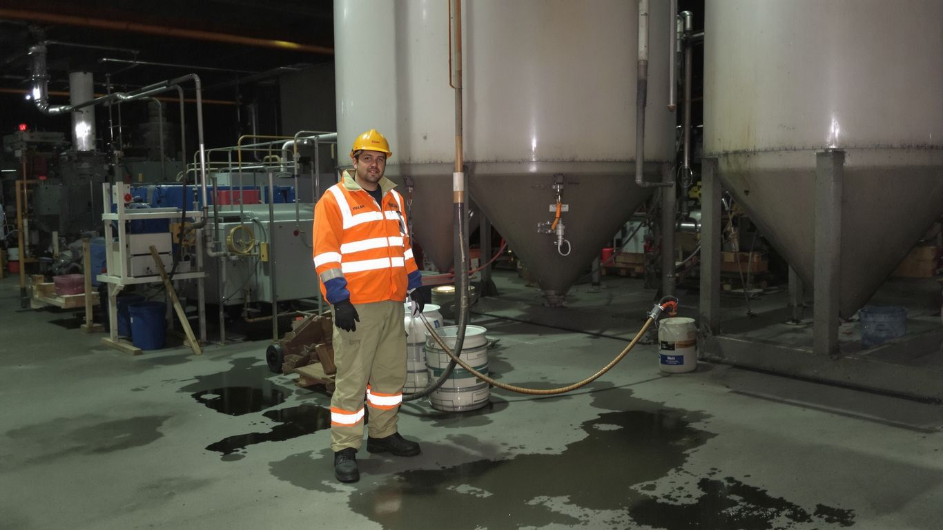 Worker in safety gear near fuel containers industrial setting