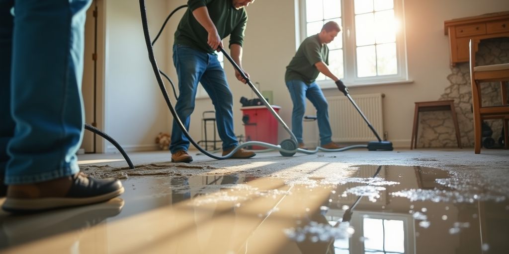 Flood damage restoration team working in a home.