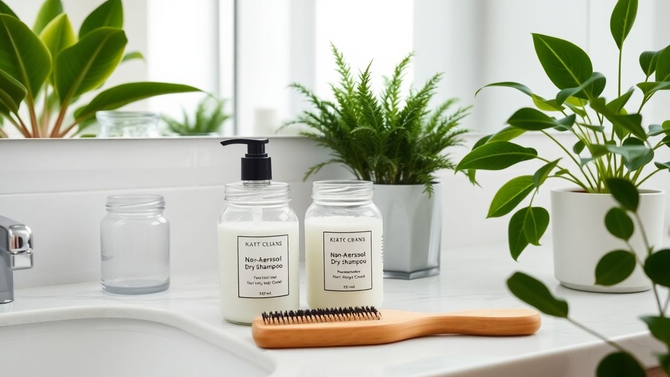 Non-aerosol dry shampoo jars with hairbrush and plants