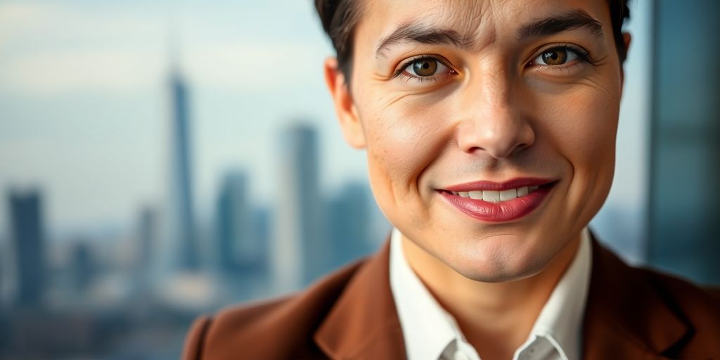 Polished professional next to a blurred city skyline.