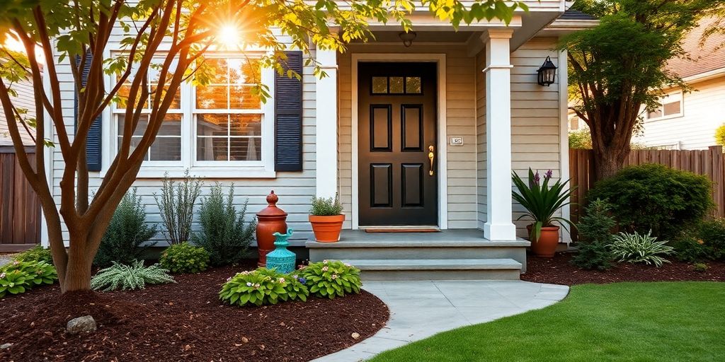 A charming house with a beautiful garden in sunlight.