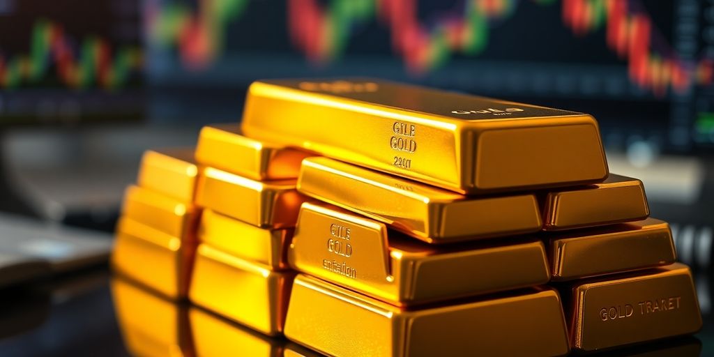 Des barres d'or empilées sur un bureau de trading.