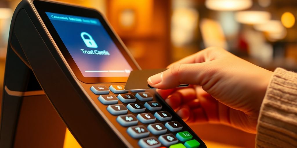 Hand using contactless card on secure payment terminal.