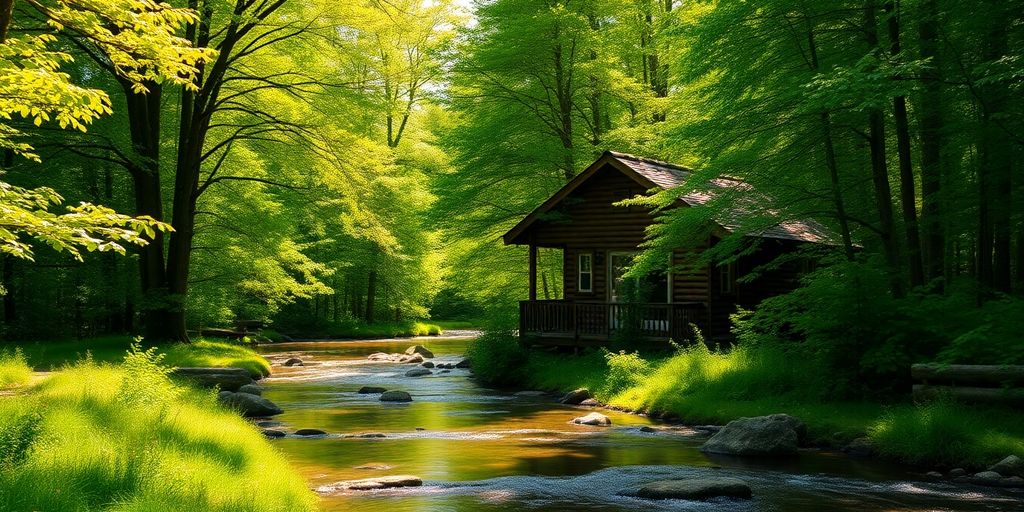 Cabane en bois nichée dans une forêt luxuriante.