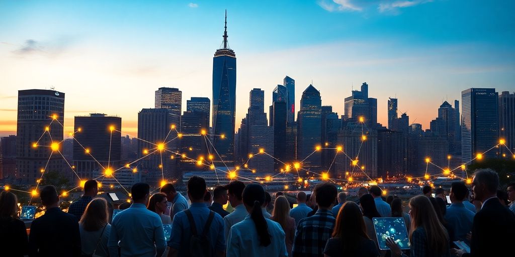 City skyline, diverse people, digital overlay, connecting.