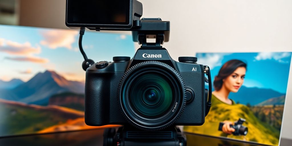Câmera profissional com recursos de IA em fundo artístico.