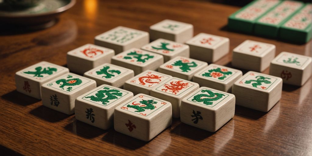 Mahjong tiles with bamboo and dragon designs