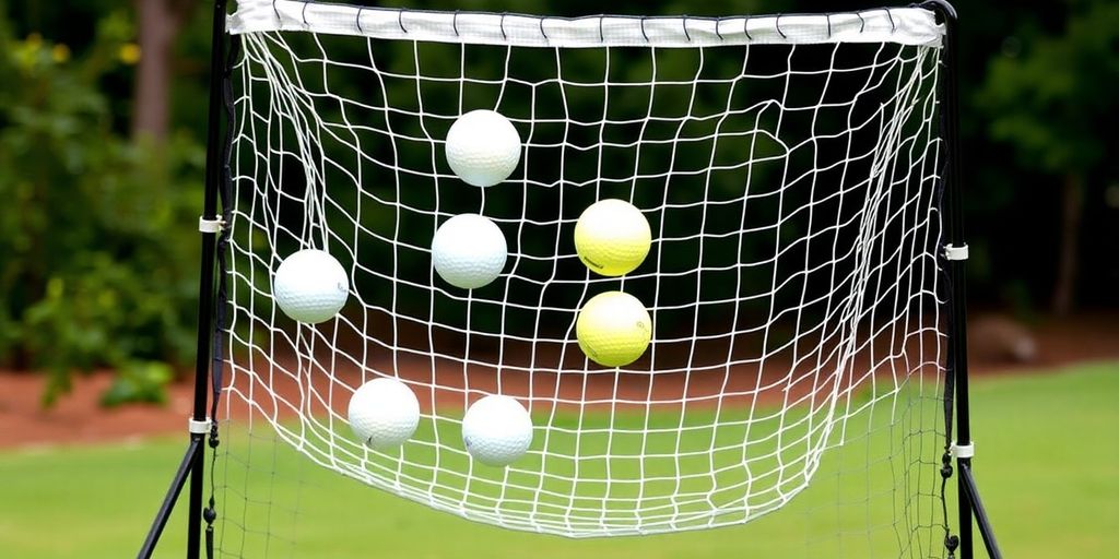 Golf practice net set up outdoors with golf balls.