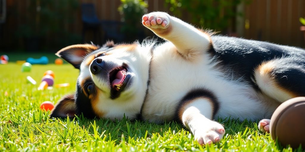 A happy dog playing dead in a sunny yard.