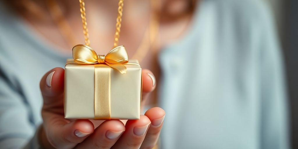 Collier en or et boîte cadeau sur fond flou.