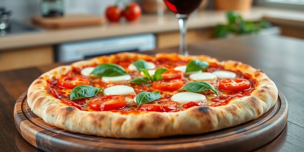 Pizza caseira com vinho tinto ao fundo.