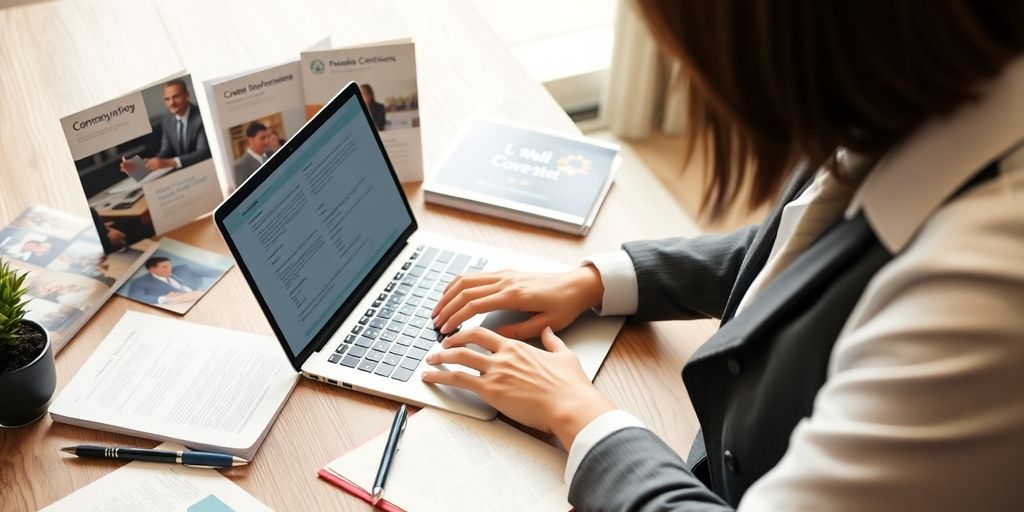 Person researching for a job application on a laptop.