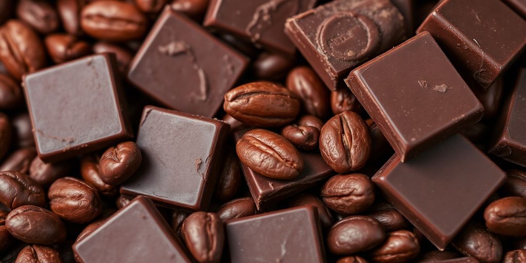 Dark chocolate bar pieces, cocoa beans