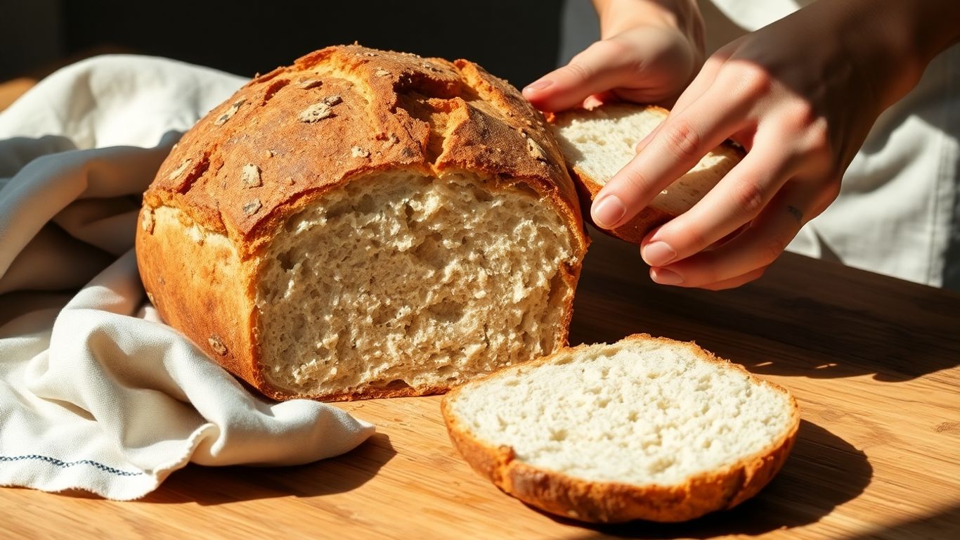 Freshly baked sourdough loaf sliced on wooden table.