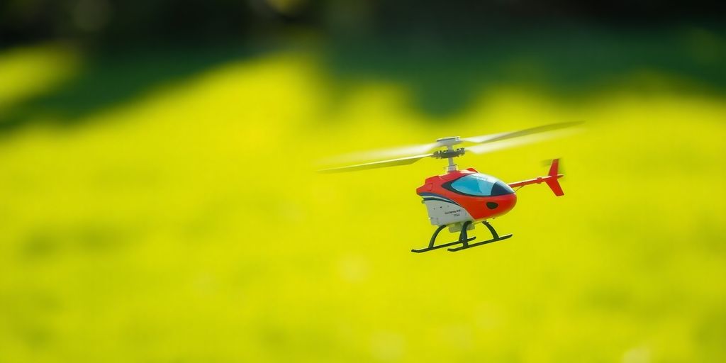 Spinning toy helicopter with blurred blades, vibrant green field.