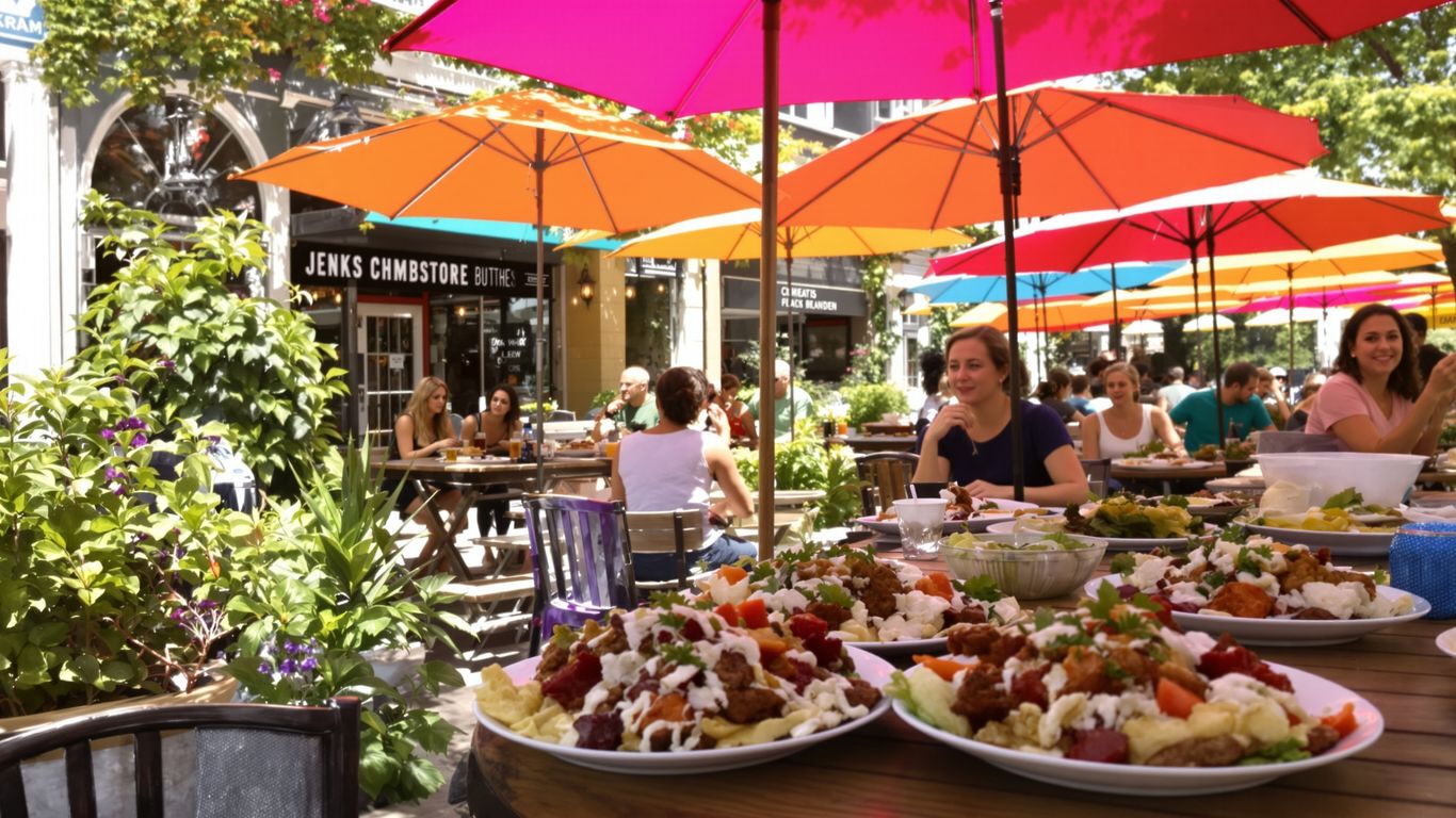 Outdoor dining in Jenks, OK with food and people.