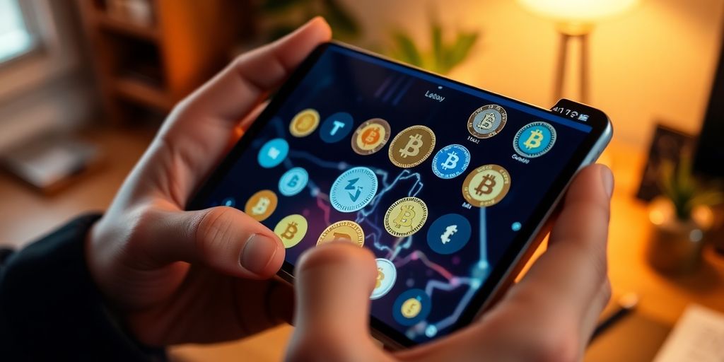Person holding smartphone with cryptocurrency coins