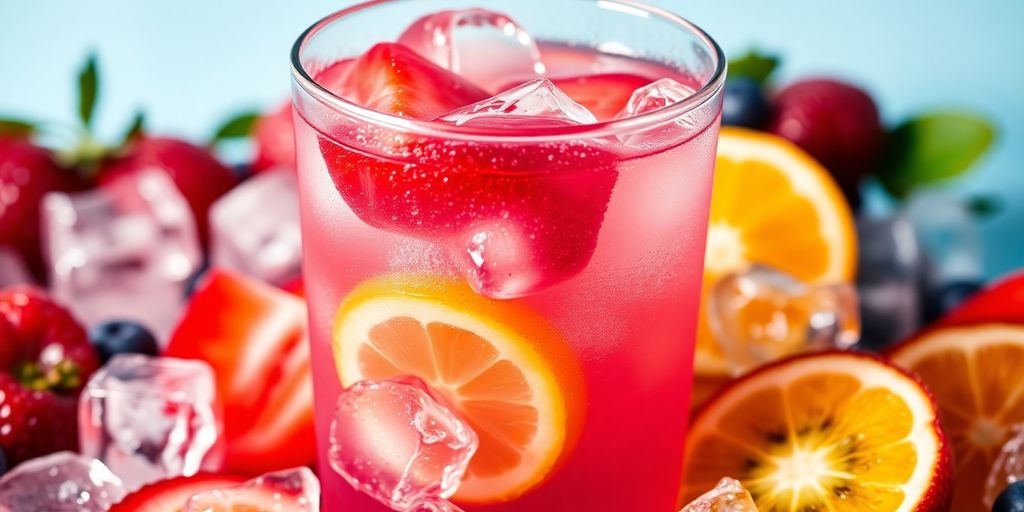 Electrolyte drink glass with ice and fresh fruits.