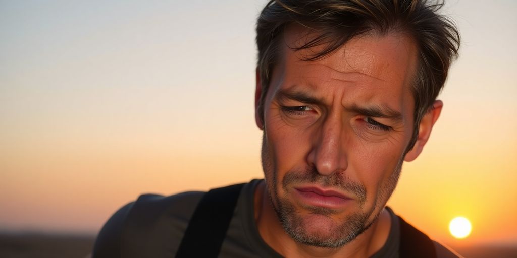 Tired man struggling to run, sunrise background.