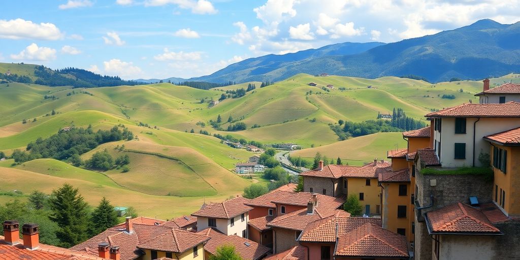 Scenic European landscape with mountains and a charming village.